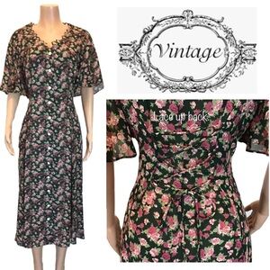 Sweet Miranda Vintage Floral Short Cape Sleeve Lace Up Midi Dress